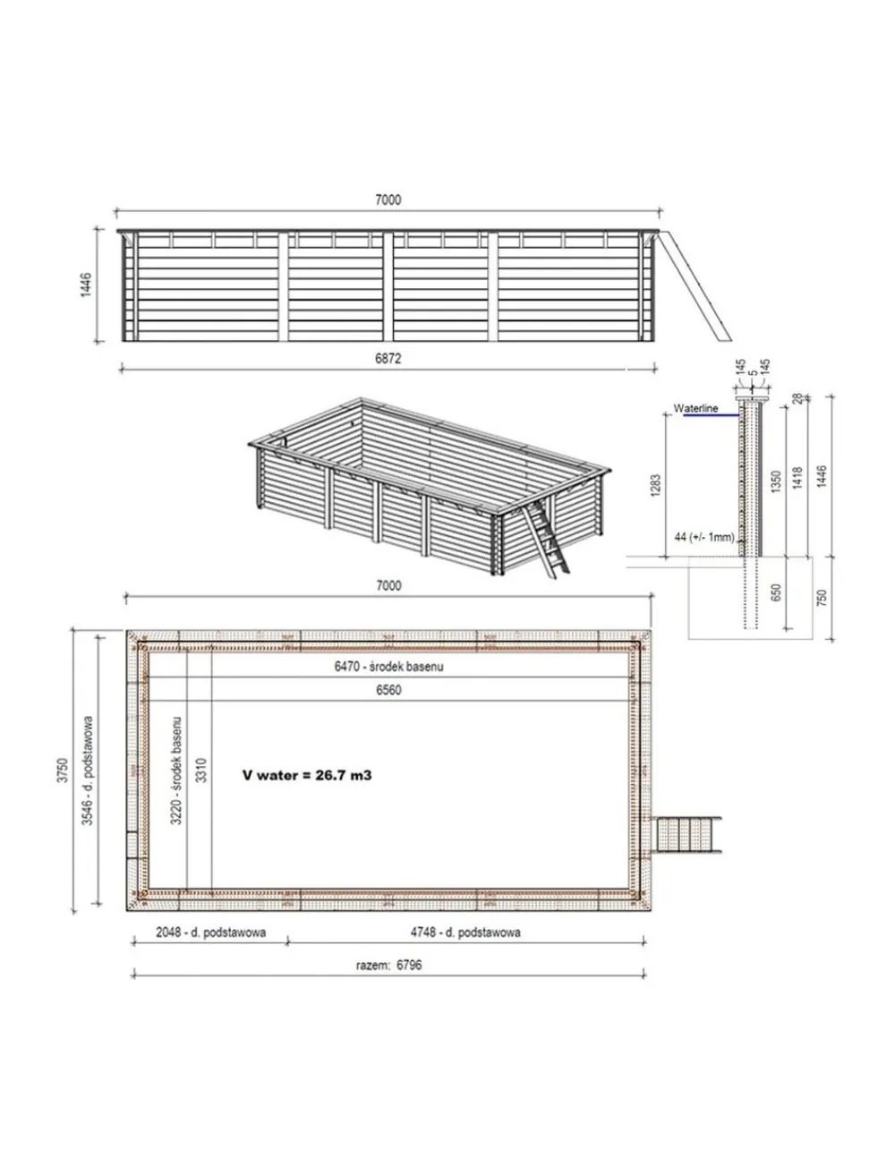 Altanka Piscines Et Spas | - Piscine en bois aqua 7x3,75 - h.1,45 m cadre en métal, sans dalle béton - bas7308ospu -