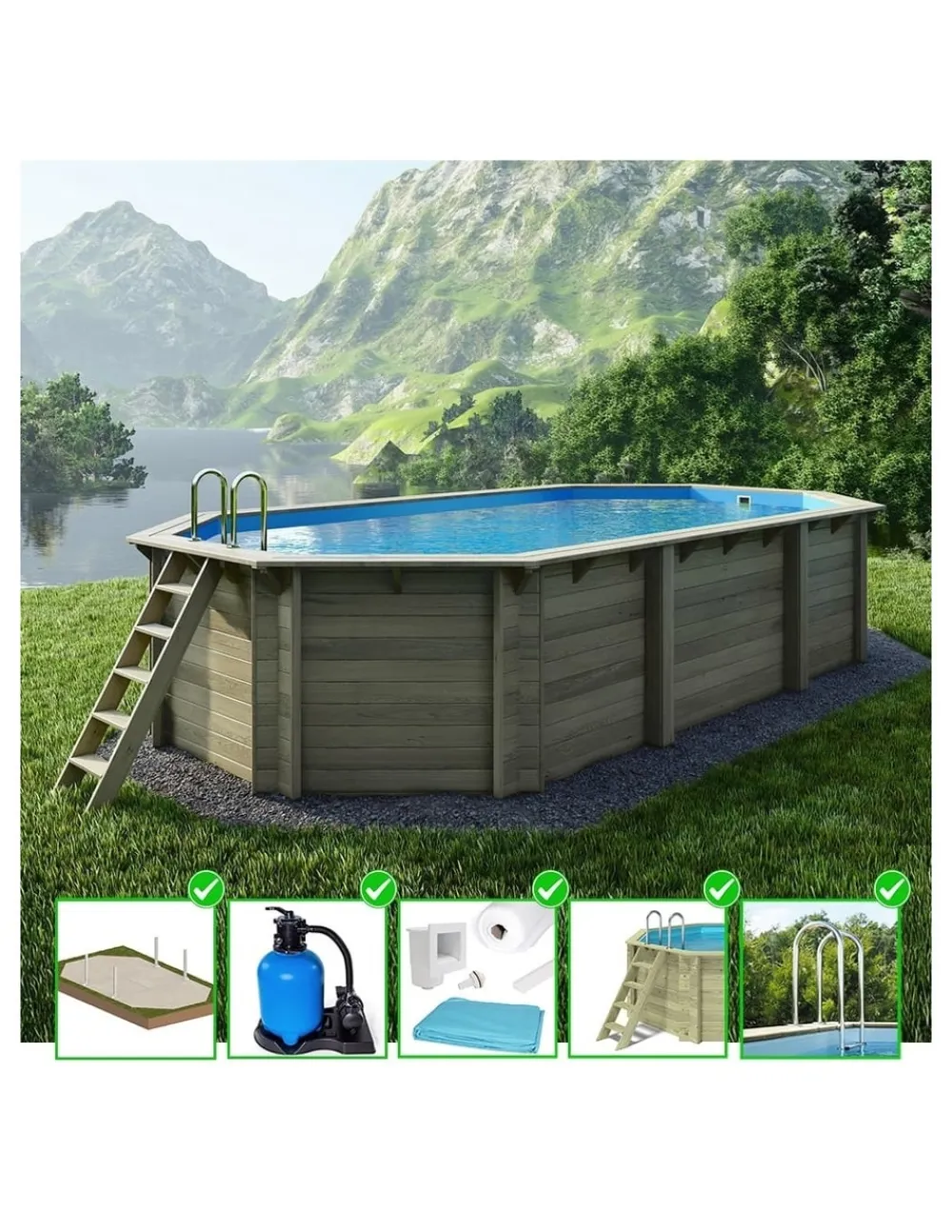 Altanka Piscines Et Spas | - Piscine en bois nemo 7,3x3,97 - h.1,45 m cadre en métal, sans dalle béton - bas7305ospu -