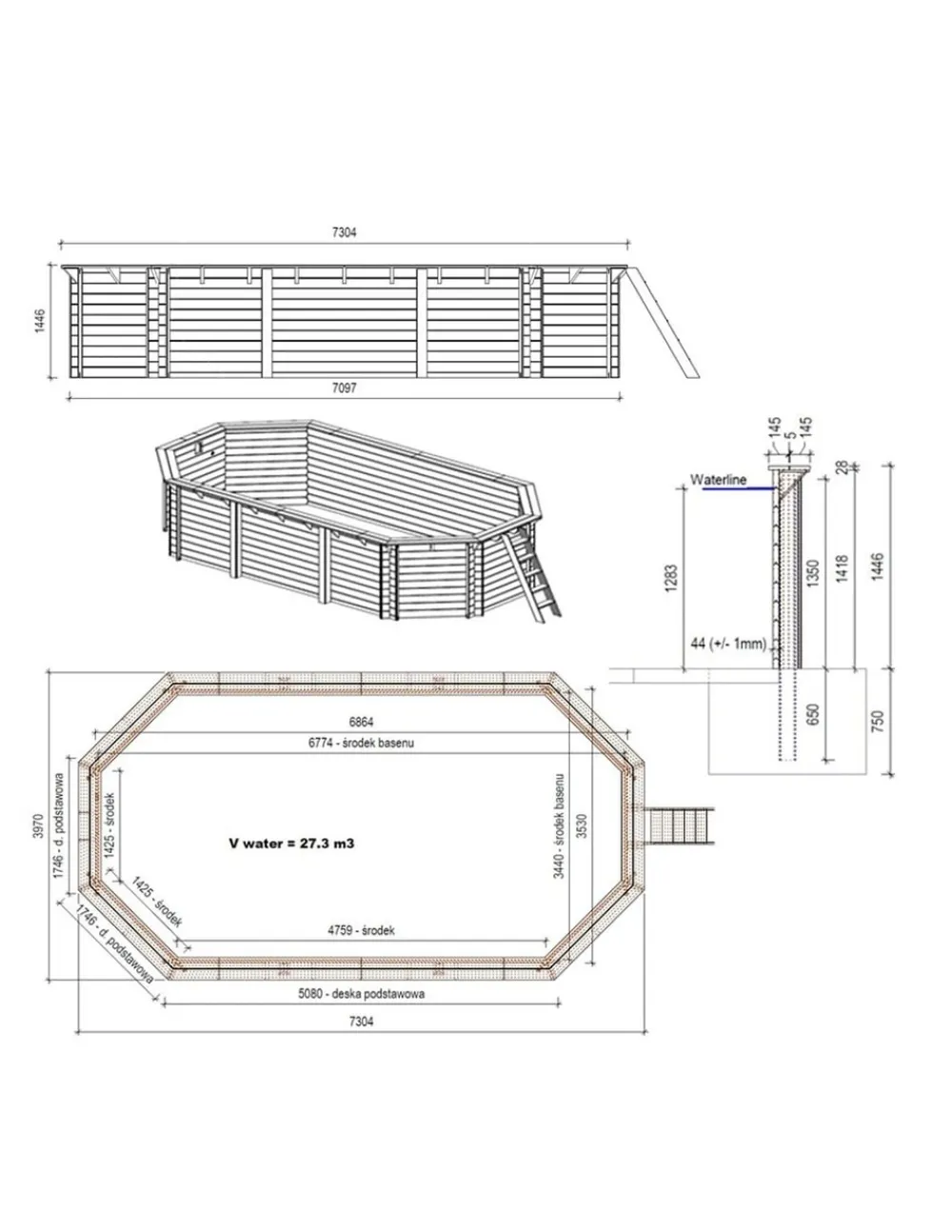 Altanka Piscines Et Spas | - Piscine en bois nemo 7,3x3,97 - h.1,45 m cadre en métal, sans dalle béton - bas7305ospu -