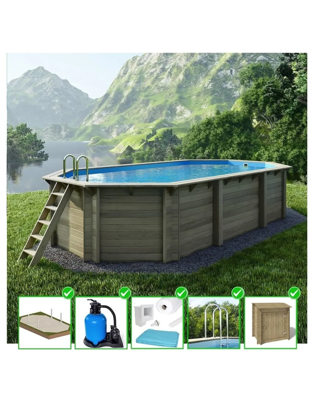 Altanka Piscines Et Spas | - Piscine en bois nemo 7,3x3,97 - h.1,45 m cadre en métal, sans dalle béton - bas7305ospu+sza -