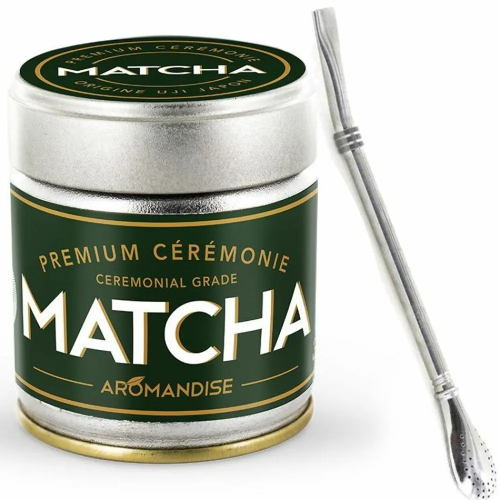 Aromandise Épicerie Gourmande | - Thé matcha de cérémonie premium 30 g + paille inox avec filtre
