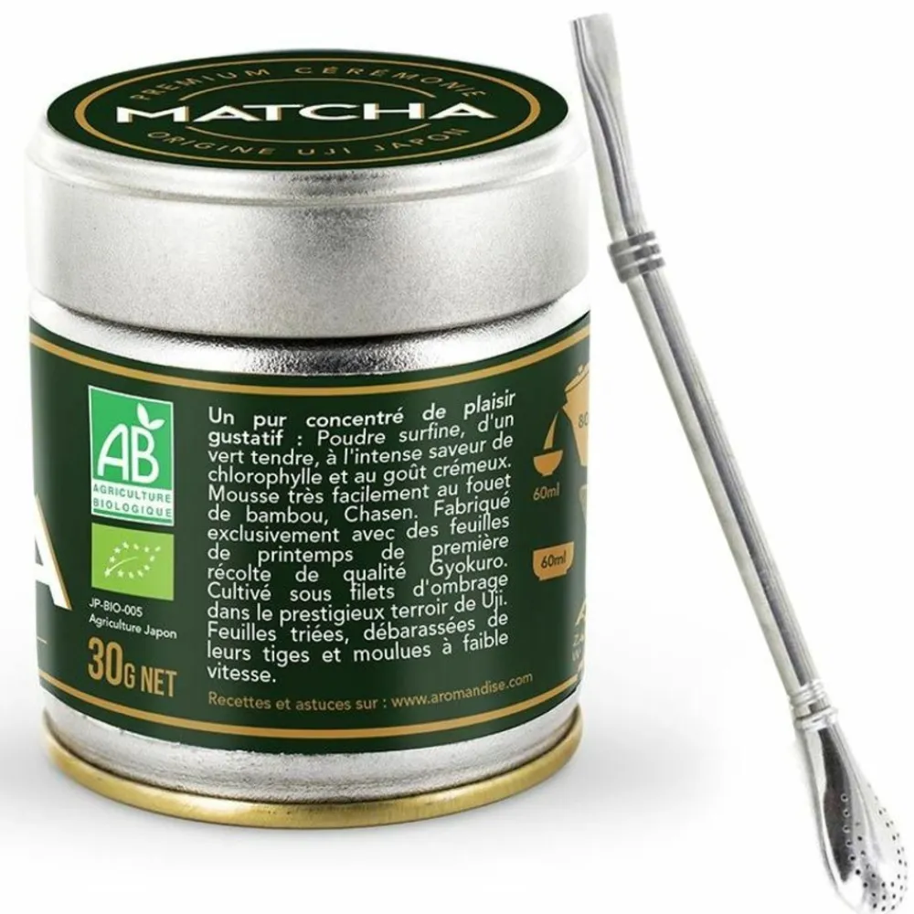 Aromandise Épicerie Gourmande | - Thé matcha de cérémonie premium 30 g + paille inox avec filtre