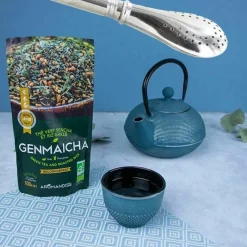 Aromandise - Thé vert bio et riz complet genmaicha 100 g + paille inox avec filtre Sale