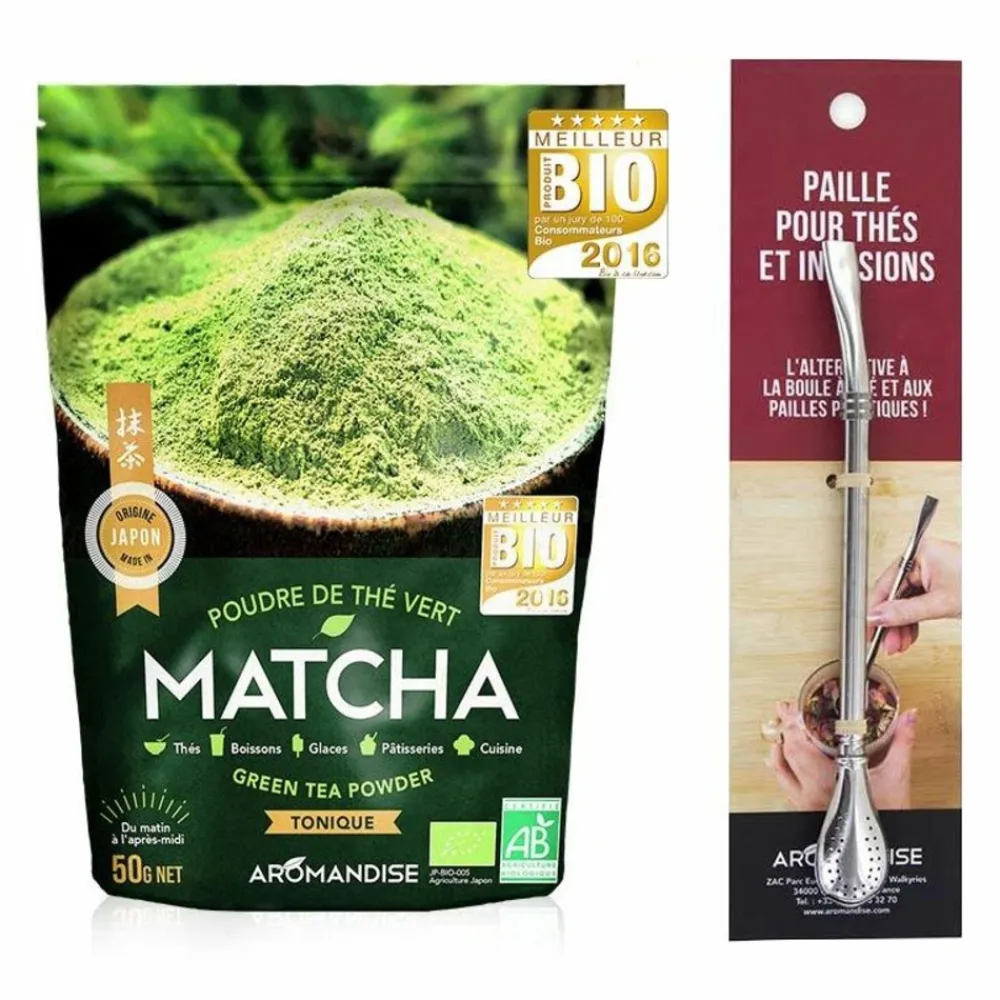 Aromandise - Thé vert bio matcha en poudre 50 g + paille inox avec filtre Hot