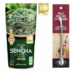 Aromandise Épicerie Gourmande | - Thé vert bio sencha japonais + paille inox avec filtre