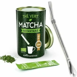 Aromandise - Thé vert matcha instantané en sticks + paille inox avec filtre