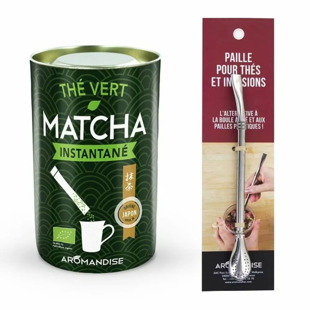 Aromandise - Thé vert matcha instantané en sticks + paille inox avec filtre