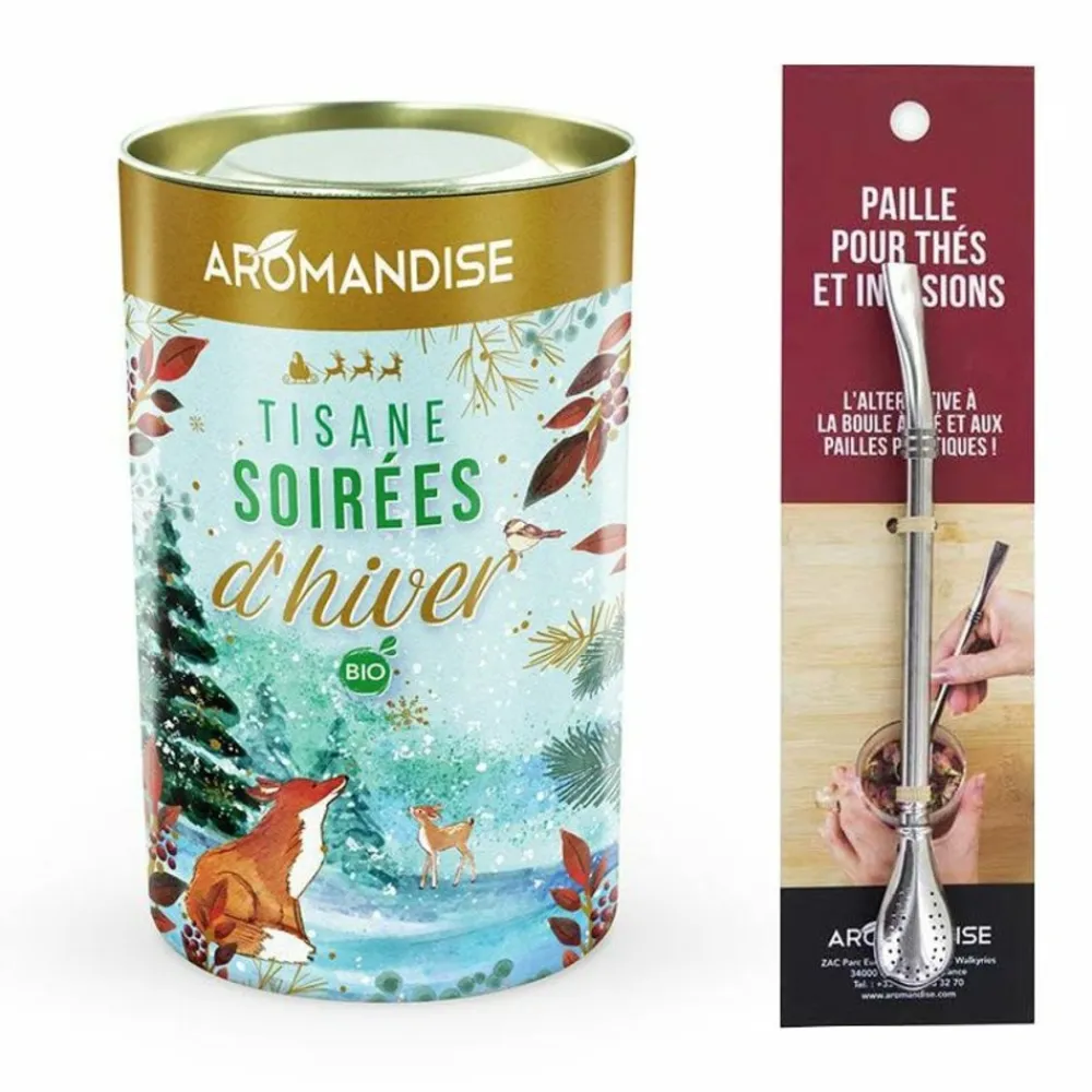 Aromandise - Tisane bio soirées d'hiver + paille inox avec filtre