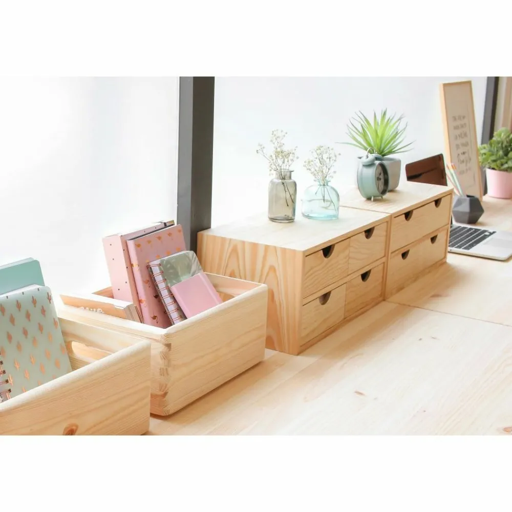 Astigarraga Décoration Créative | - Mini rangement bloc en pin brut avec tiroirs 4 tiroirs