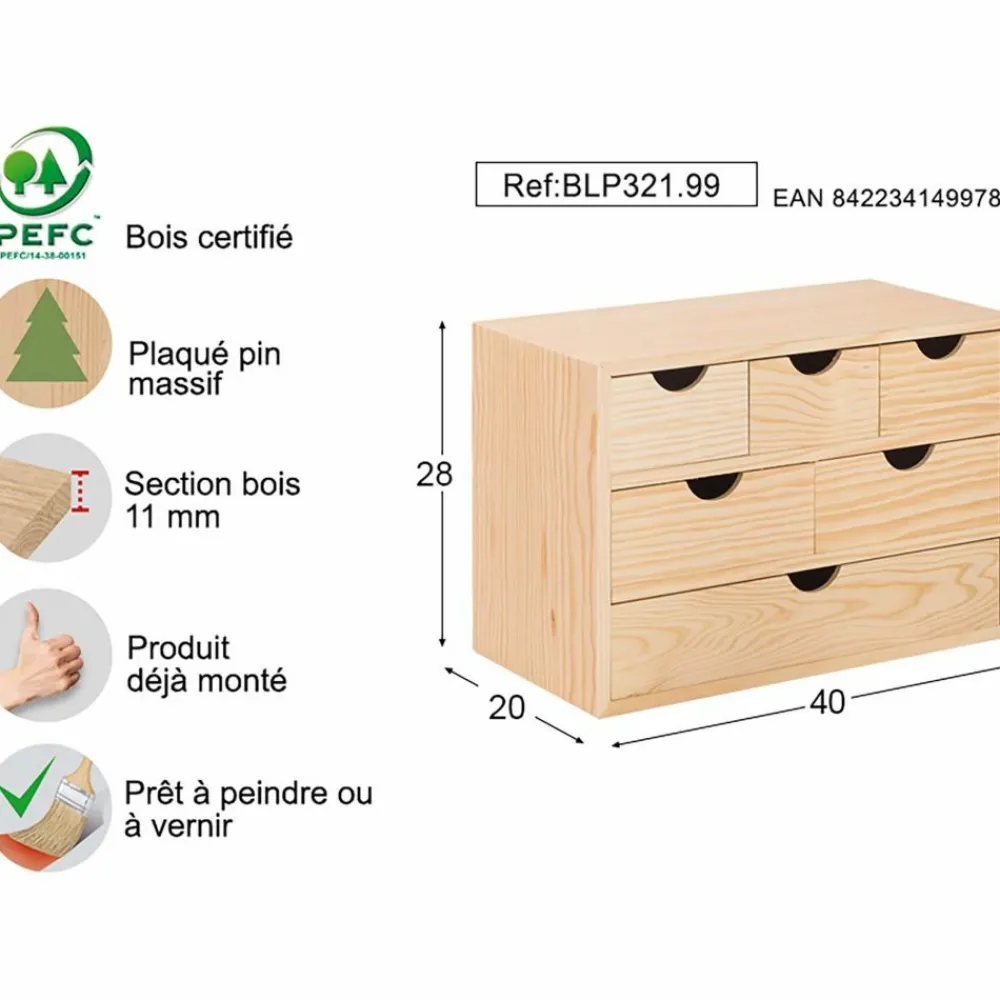 Astigarraga Décoration Créative | - Mini rangement bloc en pin brut ave tiroirs 6 tiroirs m1