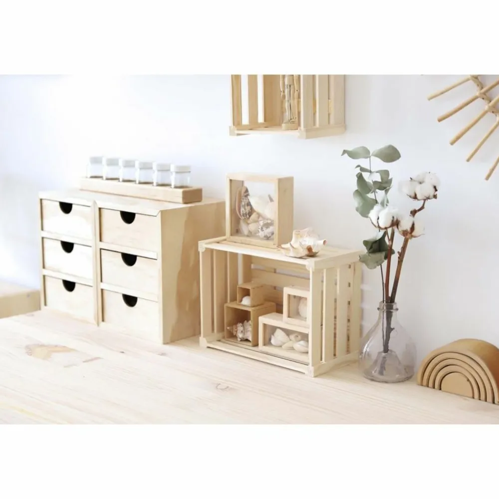 Astigarraga Décoration Créative | - Mini rangement bloc en pin brut ave tiroirs 6 tiroirs m1