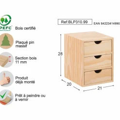 Astigarraga Décoration Créative | - Mini rangement bloc en pin brut avec tiroirs 3 tiroirs