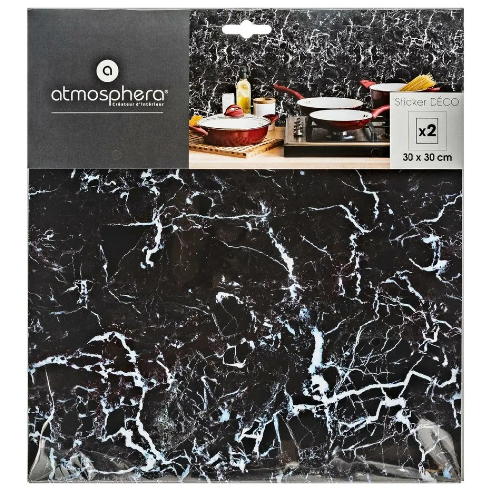 Atmosphera Createur D'interieur - Lot de 2 stickers - carrelage - noir - 30x30 cm Discount