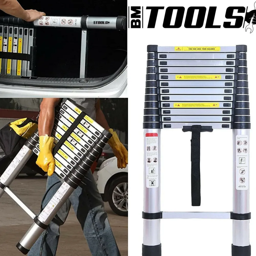 Bm Tools - Échelle télescopique 3,8m en acier inoxydable, charge 150kg pliable extensible unique droite multi-fonction, bricolage Outlet