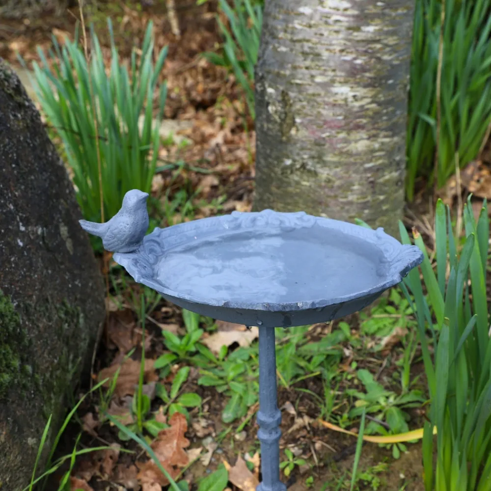 Chemin De Campagne Oiseaux Du Jardin | - Bain d’oiseaux en fonte gris 25 x 18.5 x 39.5 cm