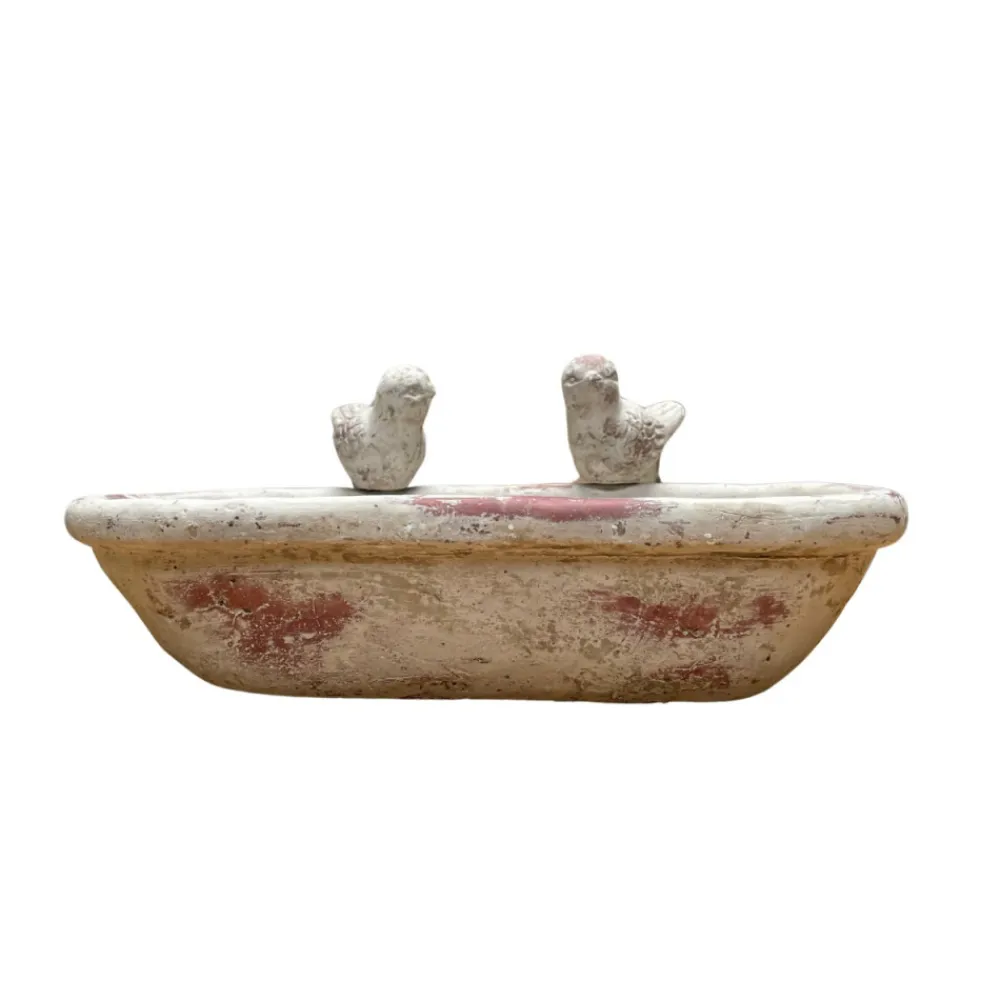 Chemin De Campagne - Bain oiseaux jardin extérieur ancien béton beige vieilli 32.5x16.5cm New