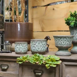 Chemin De Campagne - Cache-pot rond en ciment vieilli vert/rose ø.14 x ht.13 cm Outlet