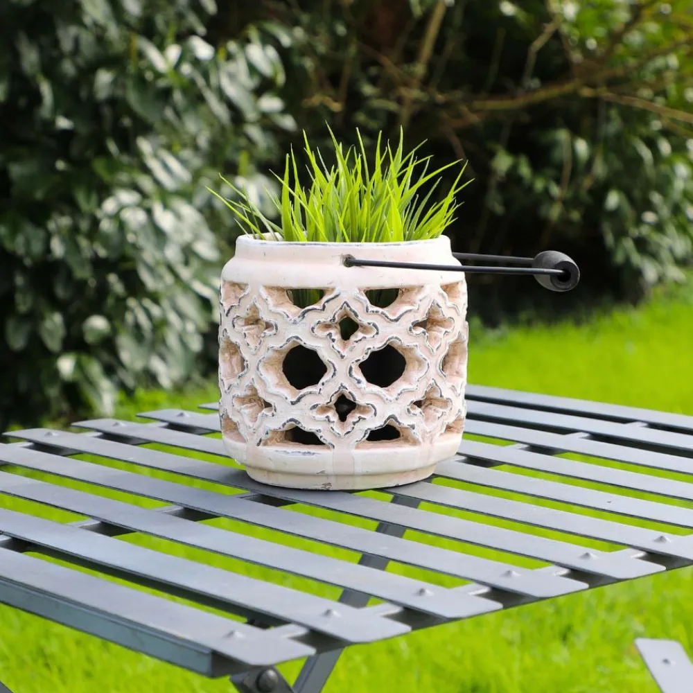 Chemin De Campagne Eclairage D’Extérieur | - Lanterne extérieur jardin à poser bougie ancienne béton crème 14cm
