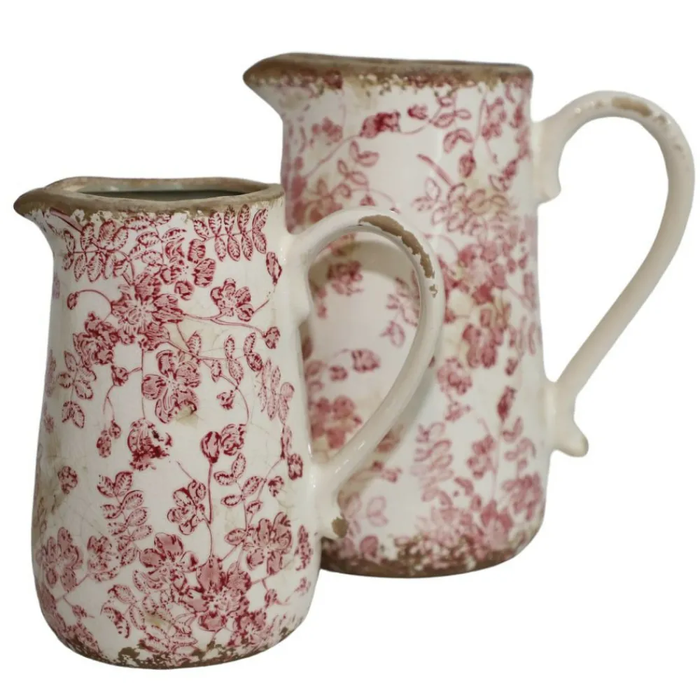 Chemin De Campagne Vases Et Coupes | - Pichet en céramique émaillée "fleurs bordeaux" 20.5 x 14.5 x 23 cm
