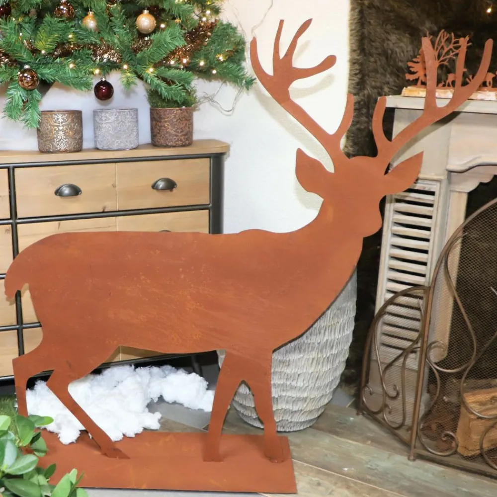 Chemin De Campagne - Statue statuette cerf extérieur jardin métal rouillé marron 130cm Hot