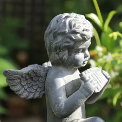 Chemin De Campagne Objets De Décoration | - Statuette statue sculpture jardin ange flûte béton gris 24.5cm