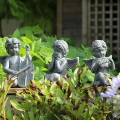 Chemin De Campagne Objets De Décoration | - Statuette statue sculpture jardin ange flûte béton gris 24.5cm
