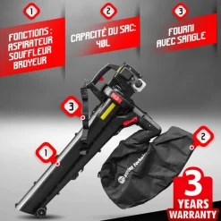 Elem Garden Technic - Aspirateur souffleur broyeur thermique 30cc, 200 km/h, 40 litres Hot