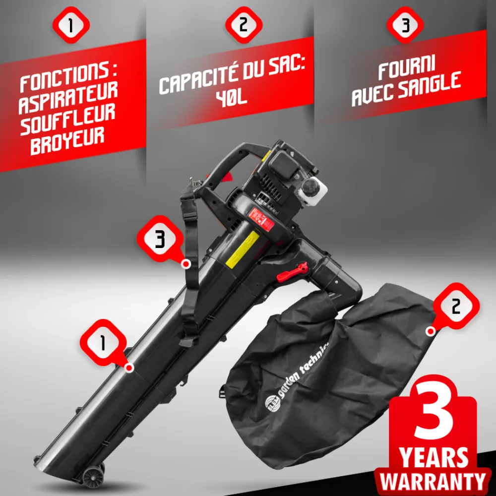 Elem Garden Technic - Aspirateur souffleur broyeur thermique 30cc, 200 km/h, 40 litres Hot
