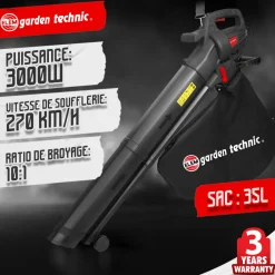 Elem Garden Technic Broyeurs, Nettoyeurs Et Souffleurs | - Aspirateur souffleur broyeur de feuilles 3000w - 270 km/h - 10:1 - sac 35l - ele