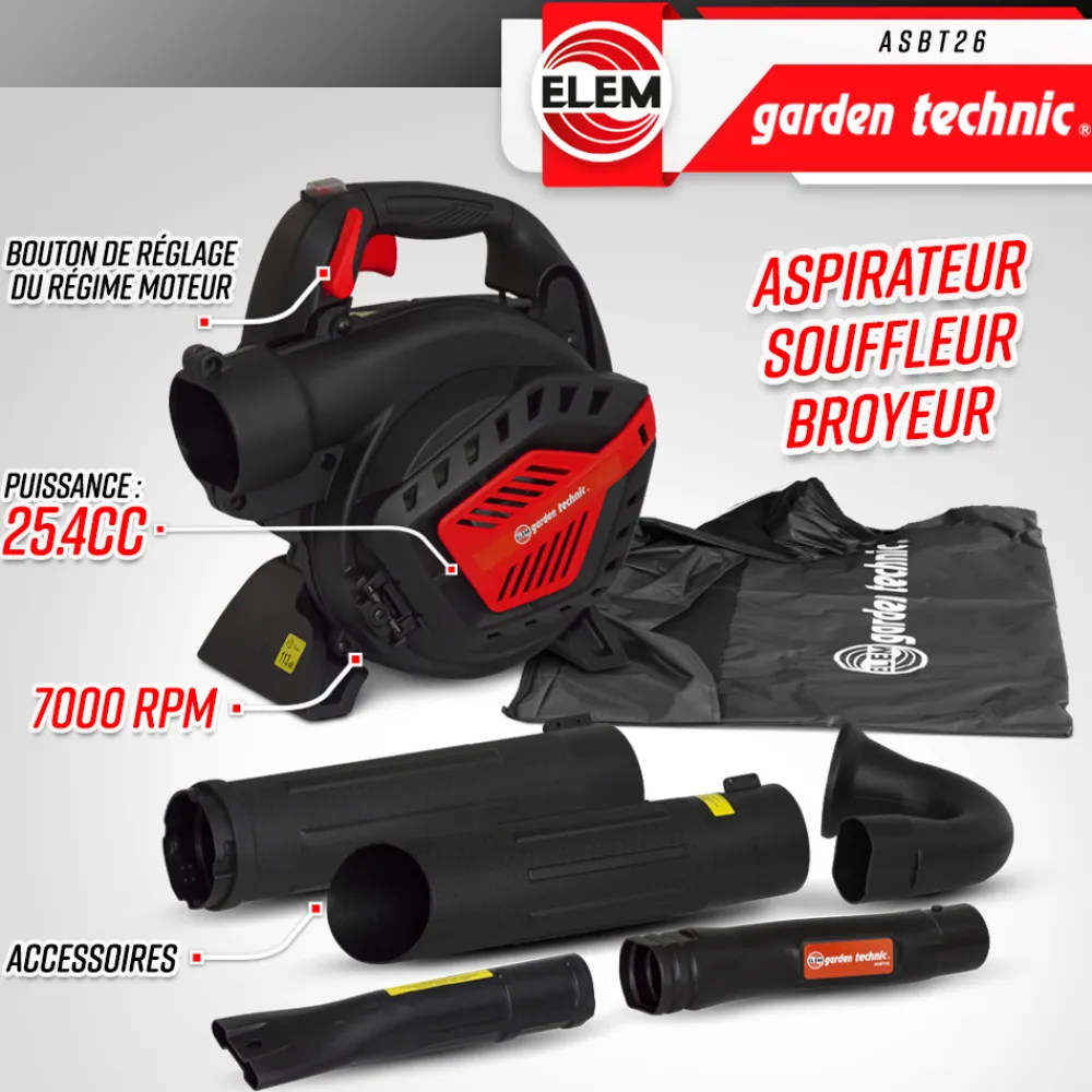 Elem Garden Technic Broyeurs, Nettoyeurs Et Souffleurs | - Aspirateur souffleur broyeur thermique 25.4cc - elem garden