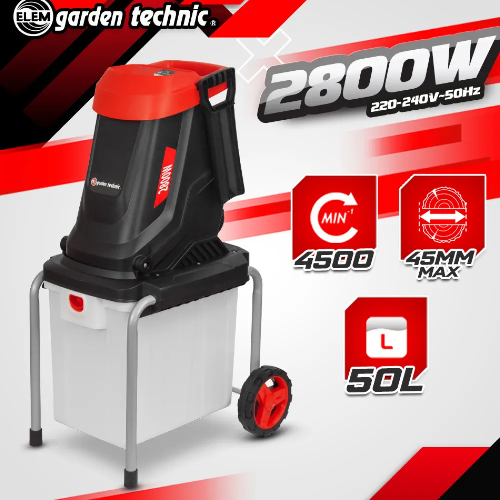 Elem Garden Technic Broyeurs, Nettoyeurs Et Souffleurs | - Broyeur de végétaux électrique 2800w avec bac récupérateur 50l - elem garden