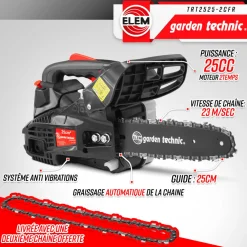 Elem Garden Technic Taille-Haies, Tronçonneuses Et Élagueuses | - Elagueuse thermique 25cc - guide 25cm - 2 temps - livrée avec 2 chaînes - elem g
