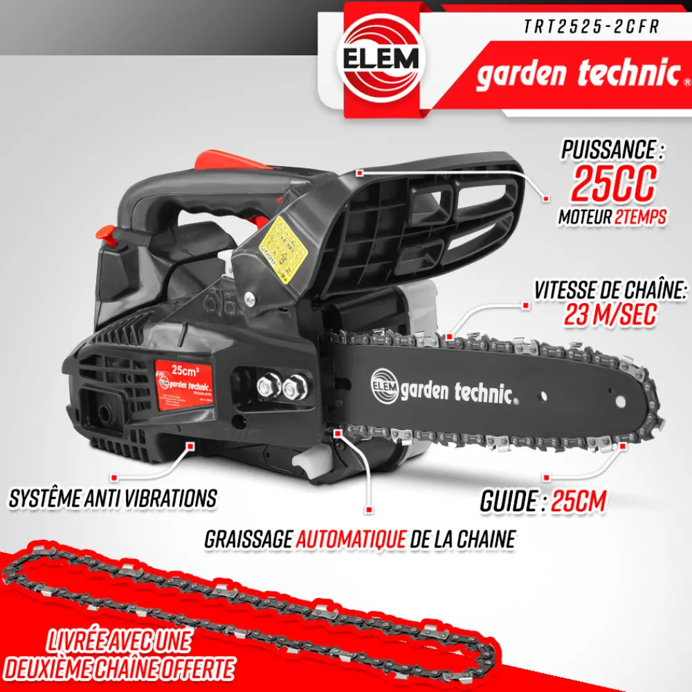 Elem Garden Technic Taille-Haies, Tronçonneuses Et Élagueuses | - Elagueuse thermique 25cc - guide 25cm - 2 temps - livrée avec 2 chaînes - elem g
