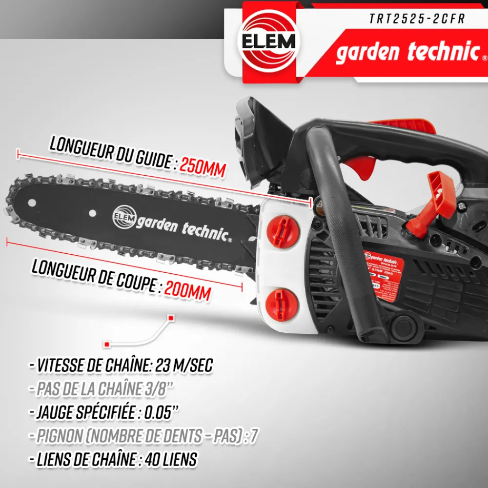 Elem Garden Technic Taille-Haies, Tronçonneuses Et Élagueuses | - Elagueuse thermique 25cc - guide 25cm - 2 temps - livrée avec 2 chaînes - elem g