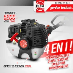 Elem Garden Technic Coupe-Bordures Et Débroussailleuses | - Outil multifonctions 4 en 1(débroussailleuse - taille haies - élagueuse) - 52cc