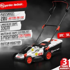 Elem Garden Technic Tondeuses | - Tondeuse rechargeable 20v-4ah - 33 cm - batterie et chargeur fournis