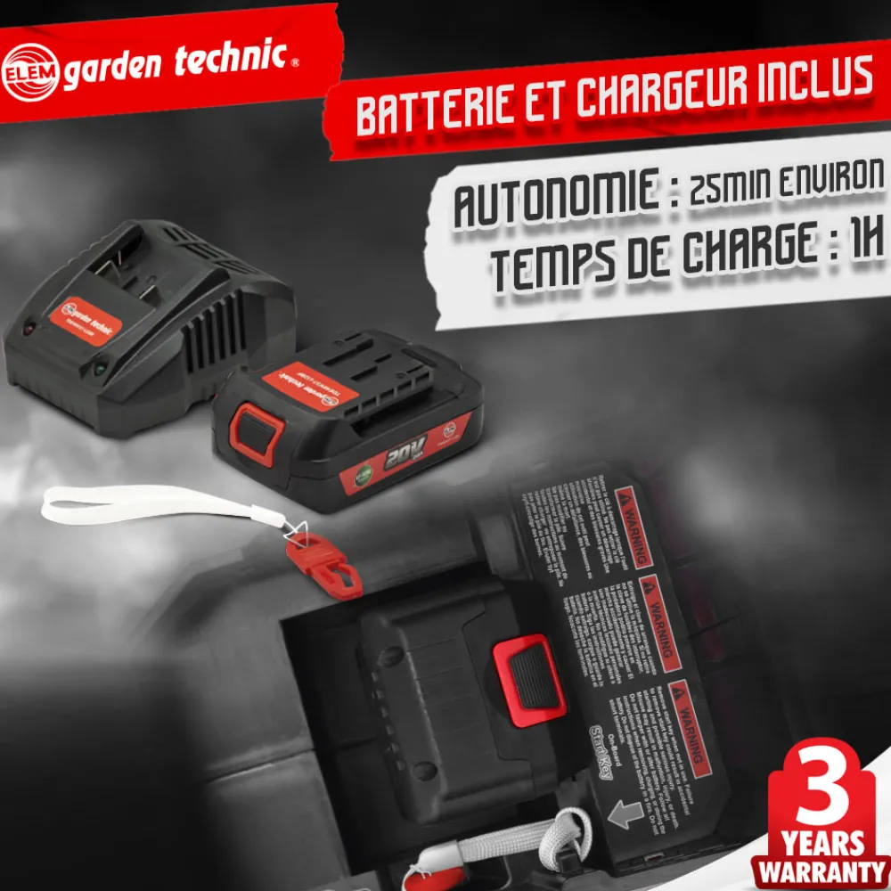 Elem Garden Technic Tondeuses | - Tondeuse rechargeable 20v-4ah - 33 cm - batterie et chargeur fournis
