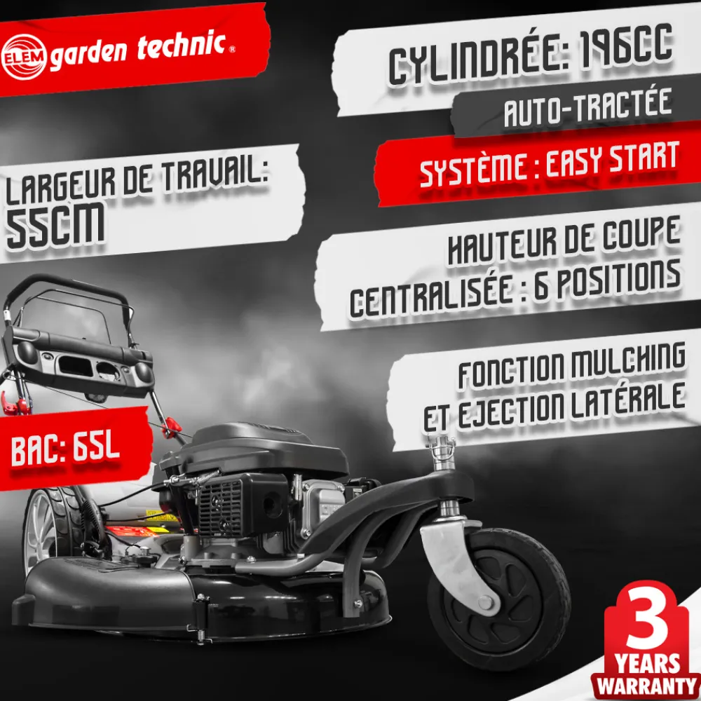 Elem Garden Technic - Tondeuse thermique tractée 3 roues 196cc - 55cm - 65l - elem garden Sale