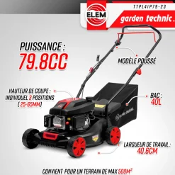 Elem Garden Technic Tondeuses | - Tondeuse thermique poussée 79.8cc avec carter en plastique -