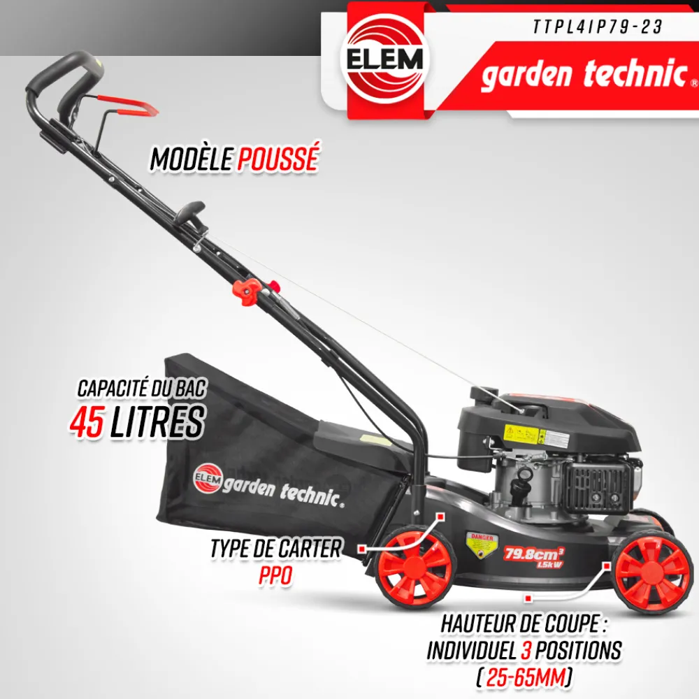 Elem Garden Technic Tondeuses | - Tondeuse thermique poussée 79.8cc avec carter en plastique -
