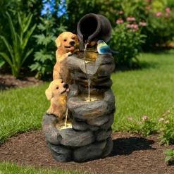 NA Bassins Et Fontaines | Fontaine de jardin canine creek avec éclairage led blanc chaud & brosse à nettoyage