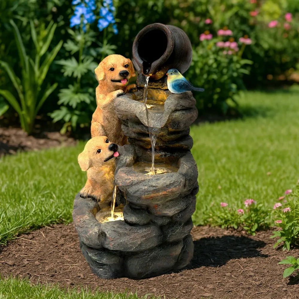NA Bassins Et Fontaines | Fontaine de jardin canine creek avec éclairage led blanc chaud & brosse à nettoyage