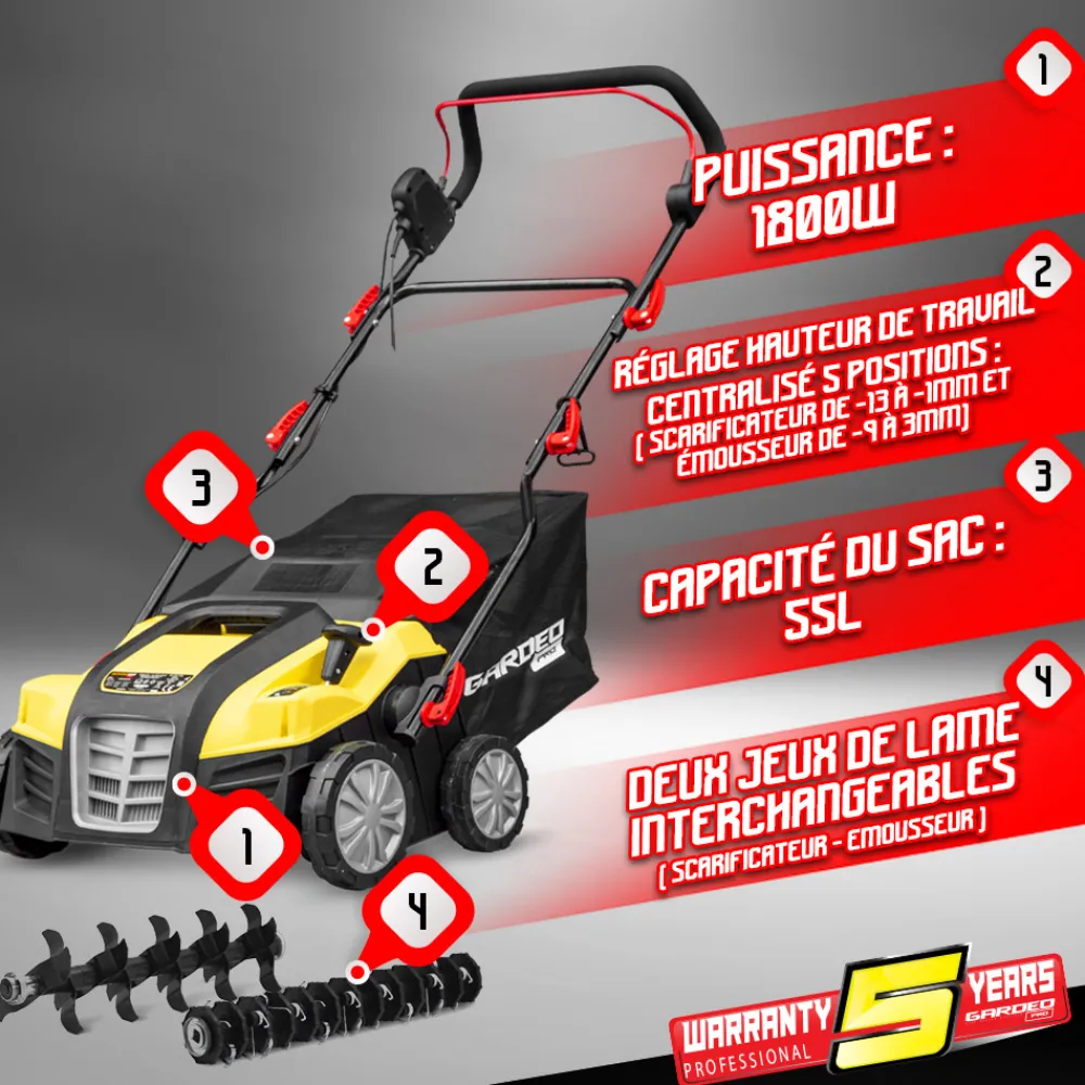 Gardeo Pro Scarificateurs Et Motoculteurs | - Scarificateur emousseur electrique 1800w - 40cm