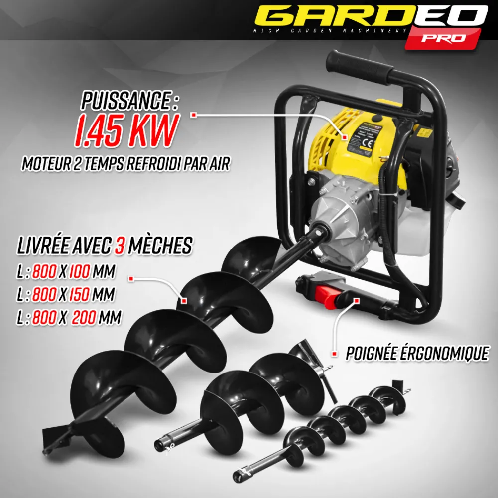 Gardeo Pro - Tarière thermique 52cc + 3 mèches 100 - 150 et 200mm - gardeo Online