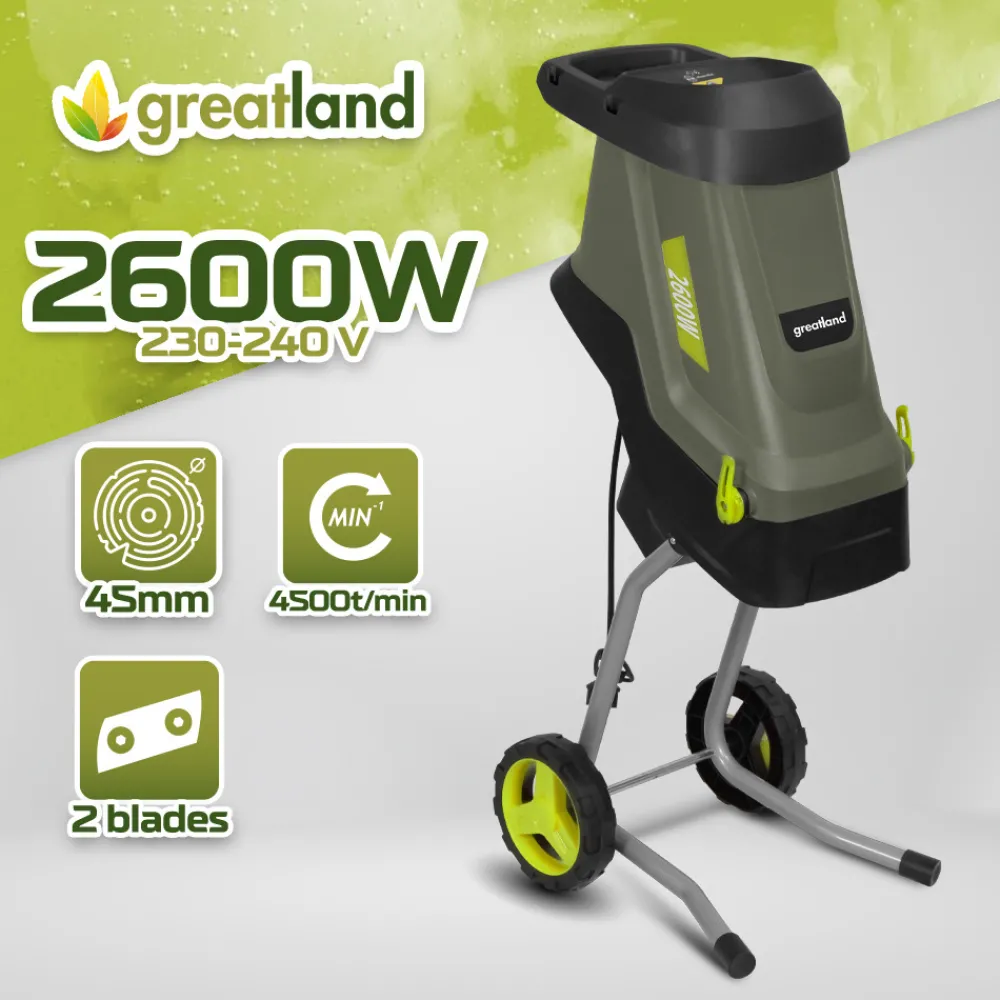 Greatland Broyeurs, Nettoyeurs Et Souffleurs | - Broyeur de végétaux électrique 2600w avec sac récupérateur de 45l
