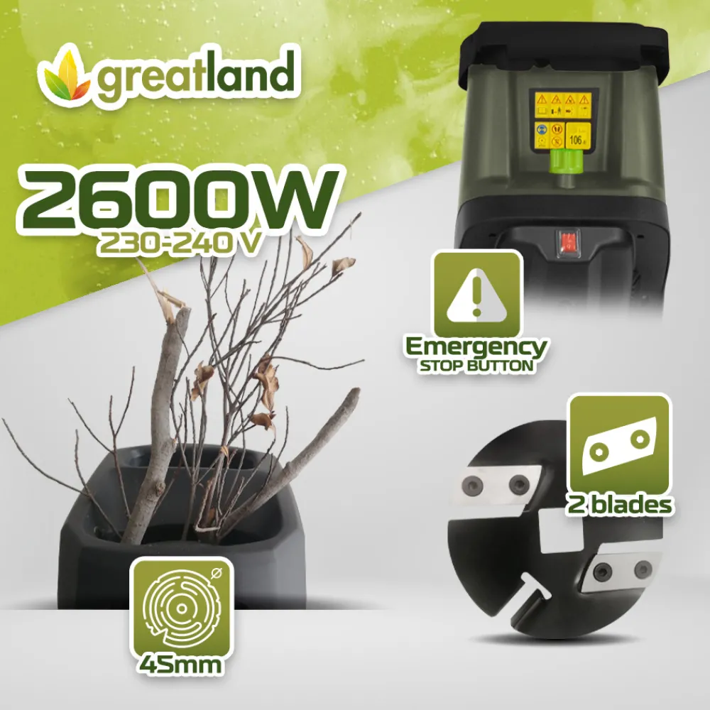 Greatland Broyeurs, Nettoyeurs Et Souffleurs | - Broyeur de végétaux électrique 2600w avec sac récupérateur de 45l