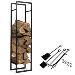 Idmarket - Range bûches vertical acier noir avec étagère et accessoires h. 170 cm pour cheminée Clearance