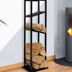 Idmarket Bois Et Accessoires De Cheminées | - Range bûches vertical acier noir avec 2 étagères h.112 cm pour cheminée
