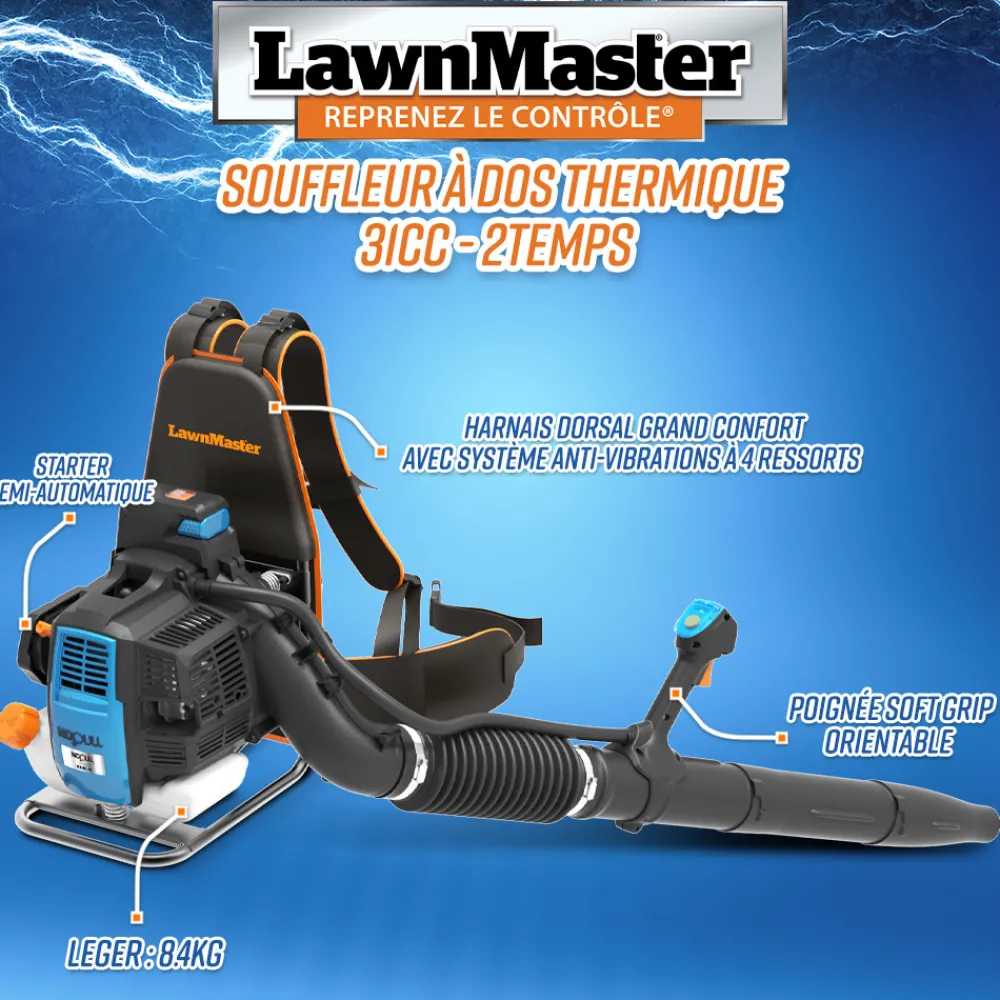 Lawnmaster Broyeurs, Nettoyeurs Et Souffleurs | - Souffleur thermique dorsal 31cc avec démarrage électrique - 270km/h -