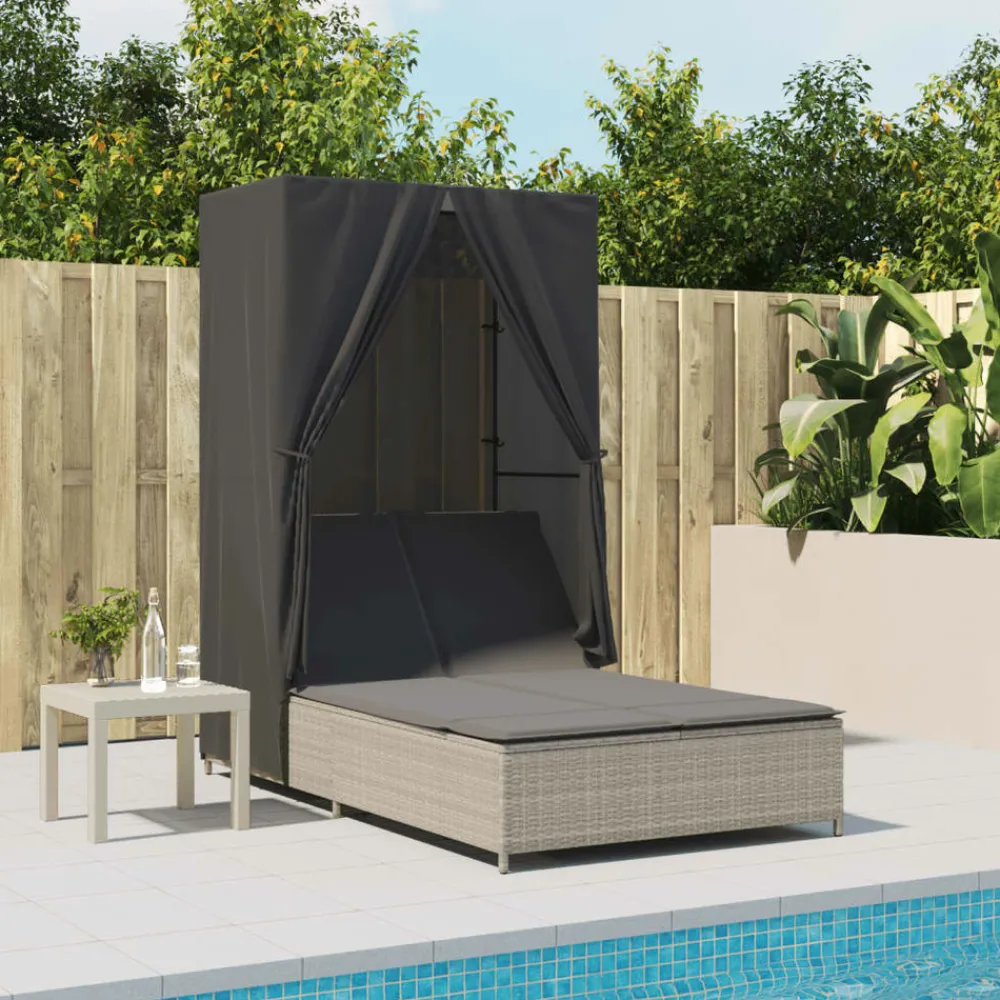 Maison Exclusive - Chaise longue double avec toit et rideaux gris clair poly rotin Sale